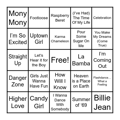 80s Music Bingo Card