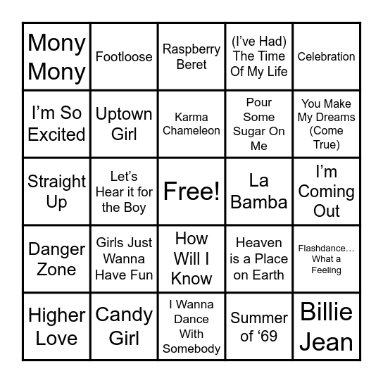 80s Music Bingo Card