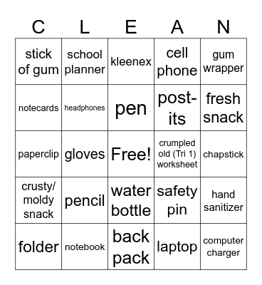 BACKPACK BINGO Card