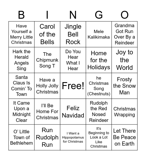 CHHS Song Trivia Bingo Card