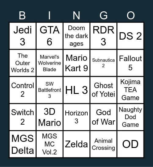 Goty Bingo Card