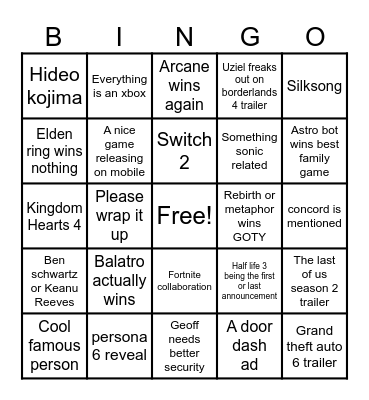 Game Awards 2024 Bingo Card