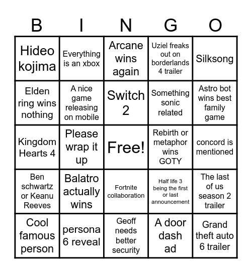 Game Awards 2024 Bingo Card