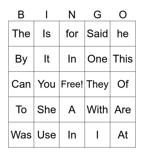 Sight Word Bingo Card
