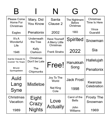 Holiday Song/Movie Bingo Card