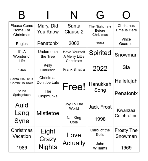 Holiday Song/Movie Bingo Card