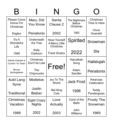 Holiday Song/Movie Bingo Card
