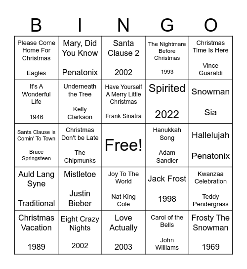Holiday Song/Movie Bingo Card