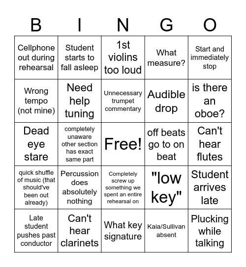 OrchaBand Bingo Card