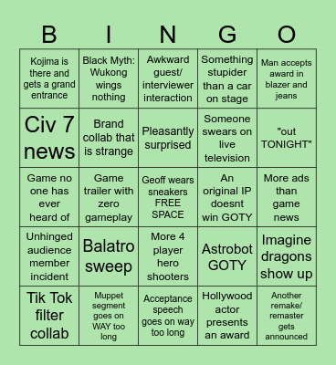 Game Awards 2024 Bingo Card