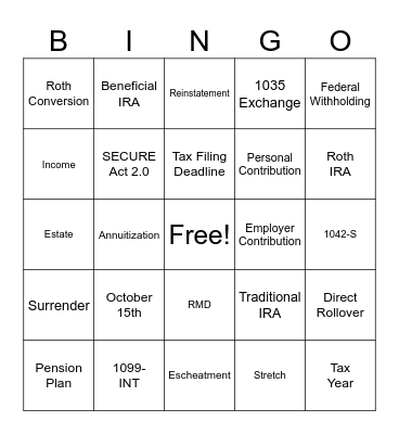 Policyholder Tax Bingo Card