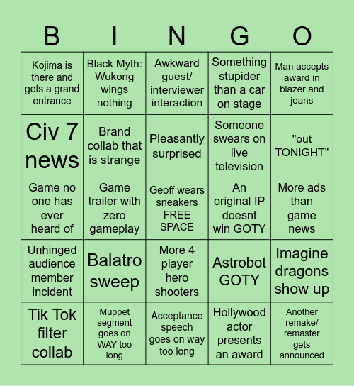 Game Awards 2024 Bingo Card