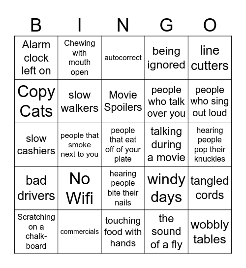 Pet Peeves Bingo Card