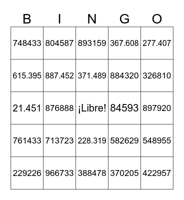 Los Números 5b Bingo Card