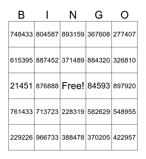 Los Números 101-999.999 Bingo Card