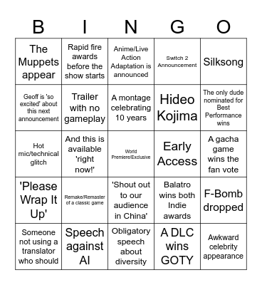 Game Awards 2024 Bingo Card