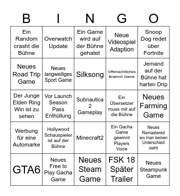 Game Awards Bingo Card