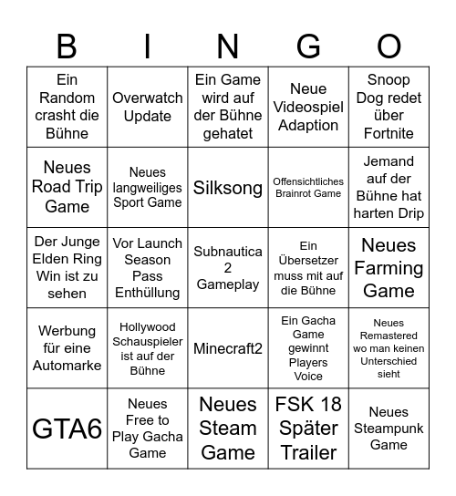 Game Awards Bingo Card