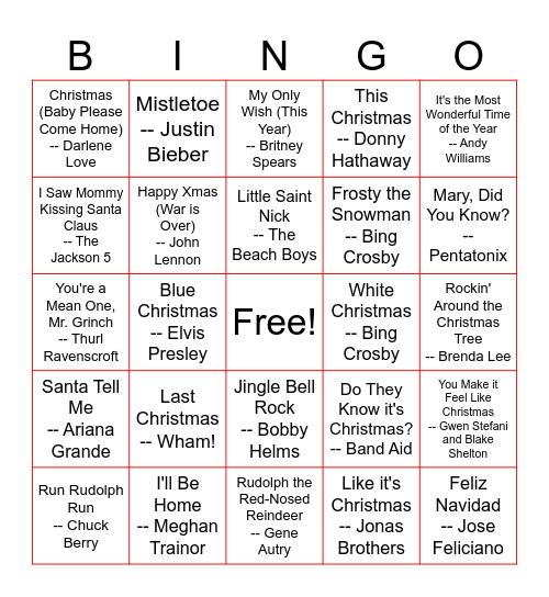 CHRISTMAS MUSIC BINGO Card