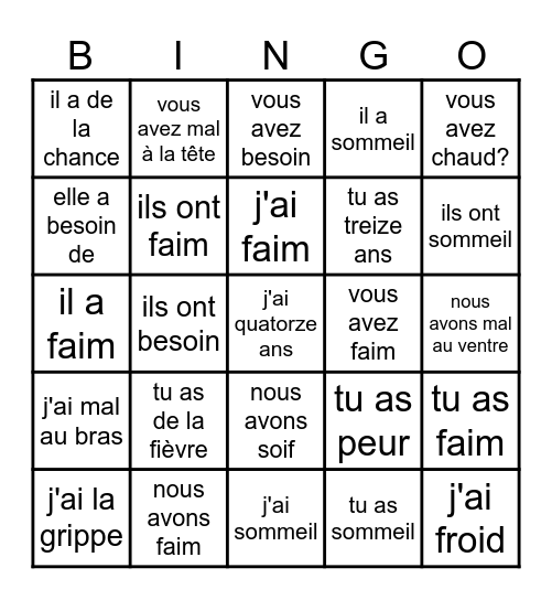 Avoir Expressions Bingo Card