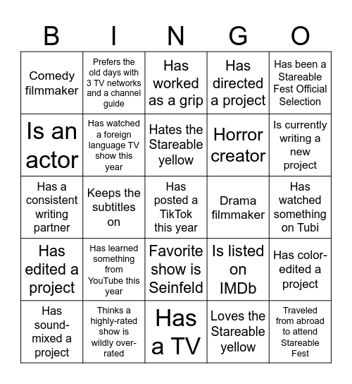 Stareable Fest 2024 Bingo Card