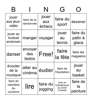 les sports et les loisirs Bingo Card