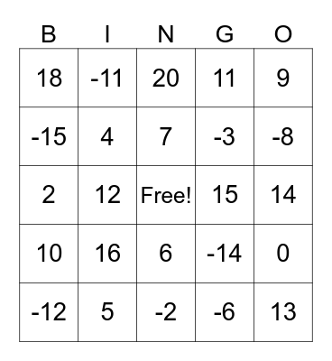 Integer Bingo Card