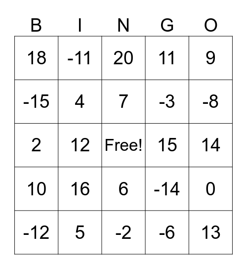 Integer Bingo Card