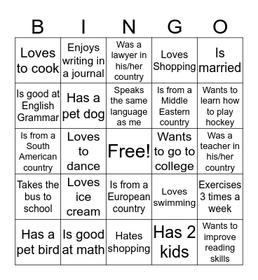 Getting to Know You Bingo Card