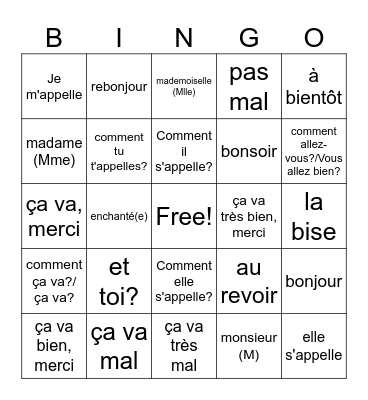 French greetings and introductions Bingo Card