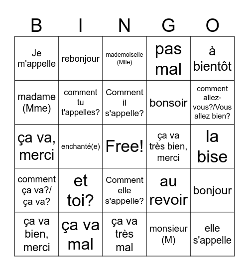 French greetings and introductions Bingo Card