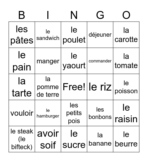 la nourriture et les boissons Bingo Card
