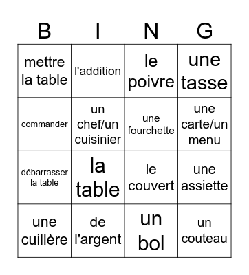 au restaurant vocab Bingo Card