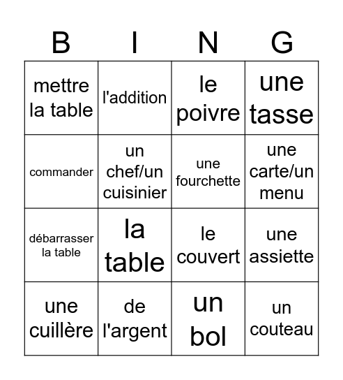 au restaurant vocab Bingo Card