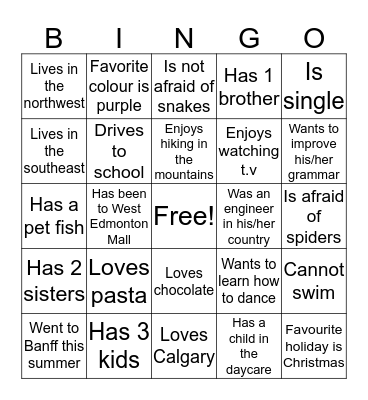 Getting to Know You! Bingo Card