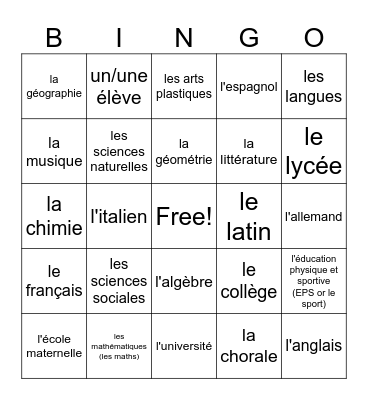 les matières scolaires Bingo Card