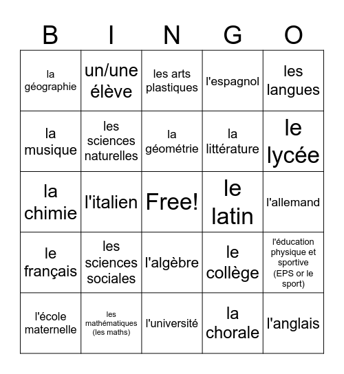 les matières scolaires Bingo Card