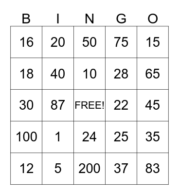 First Grade Math Bingo Card