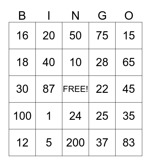 First Grade Math Bingo Card