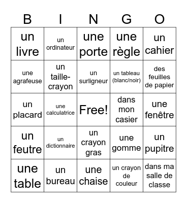 les fournitures scolaires Bingo Card