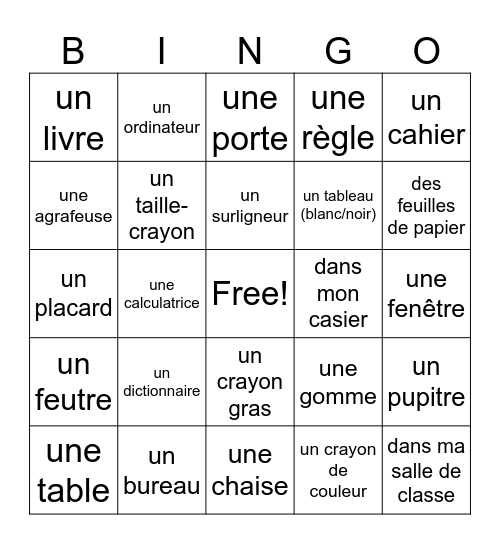 les fournitures scolaires Bingo Card