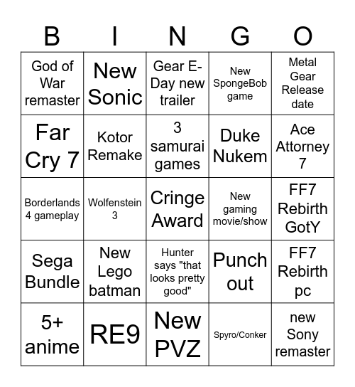 Game Awards Bingo Card