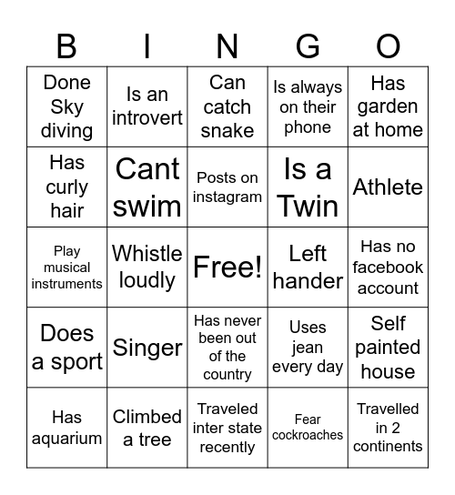 Team Building Bingo Card