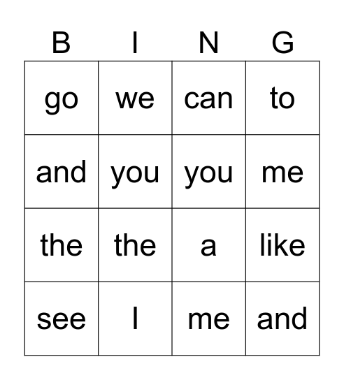 I can read words! Bingo Card