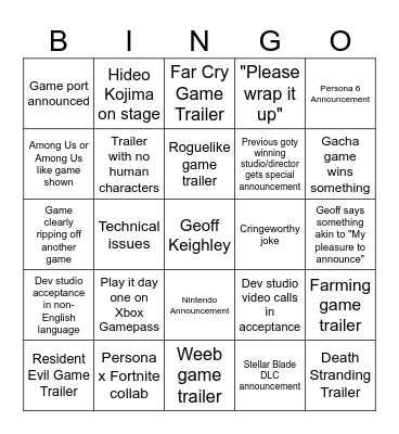 GOTY 2024 Bingo Card