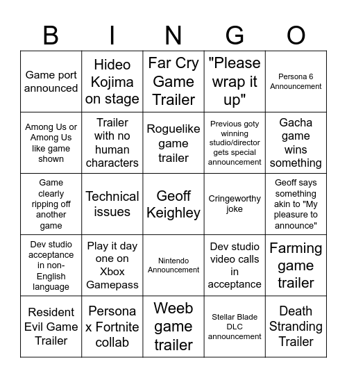 GOTY 2024 Bingo Card