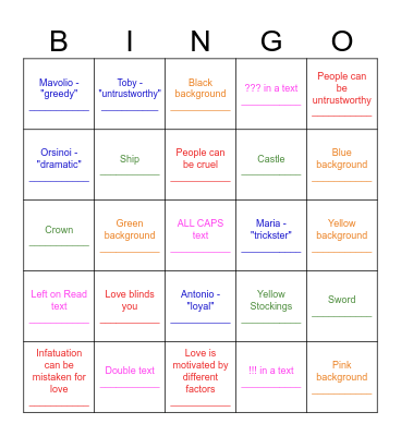 Twelfth Nigth Bingo Card