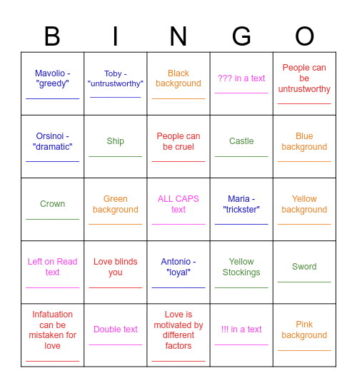 Twelfth Nigth Bingo Card