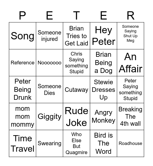 Family Guy Bingo Card