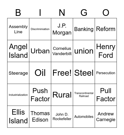 The Gilded Age - Industry and Immigration Bingo Card